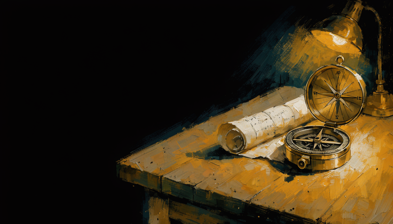 A brass compass and rolled chart on a warm lamplit workshop table.