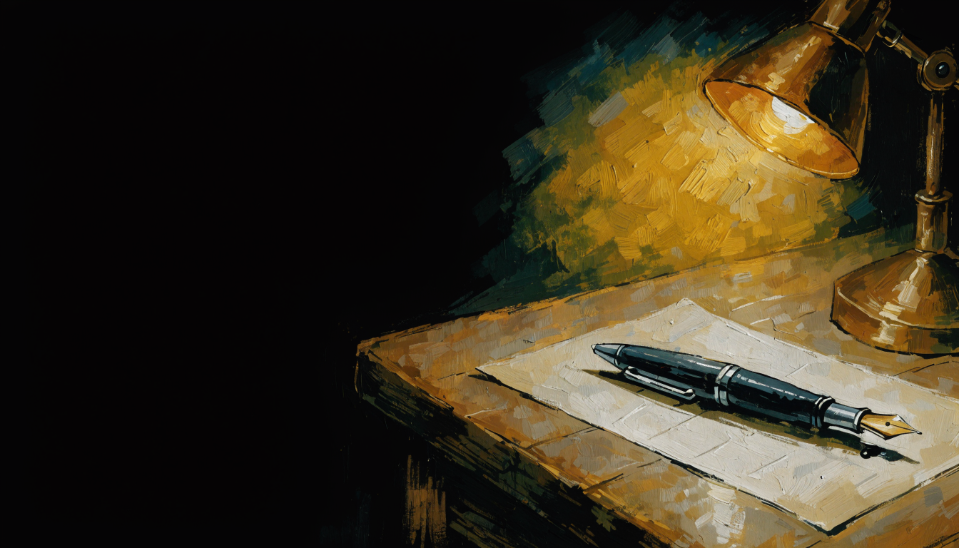 A fountain pen resting on fine cream paper, lamplit.